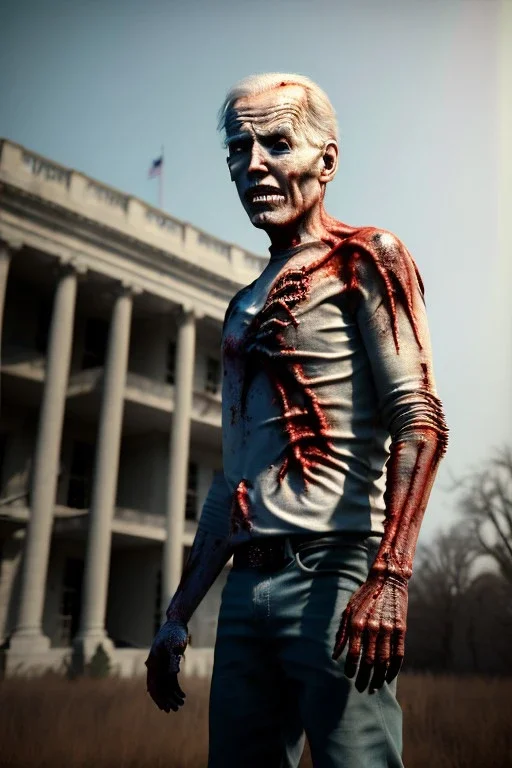 Ultra realistic image, joe biden zombie, zombie performance, skull, blood, torn arm, night, walking twisted, waist up view, thriller style, dark ambient, highly detailed, White House background, concept art, unreal engine 5, god rays, ray tracing, RTX, focal lighting, ultra detail, volumetric lighting, 3d, finely drawn, high definition, high resolution.