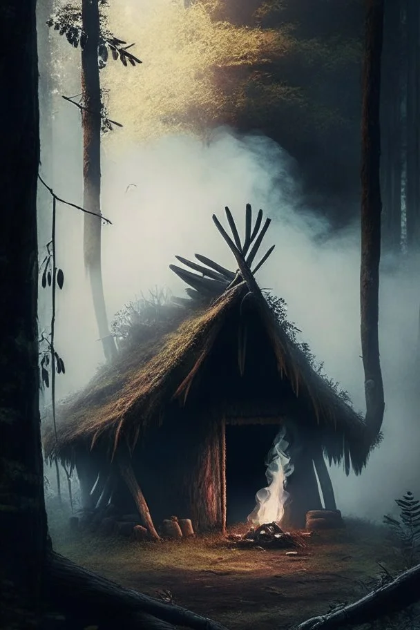 happy primitive hut in the shadows of the forest, depth of field, old photography, mist, smoke, artstation