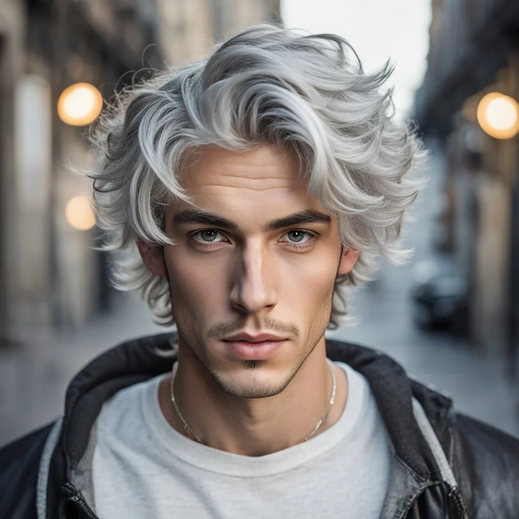 A stunningly detailed (((headshot portrait))), capturing the essence of a young man in his 20s with silver hair and piercing gray eyes, exuding a sense of confidence and protection