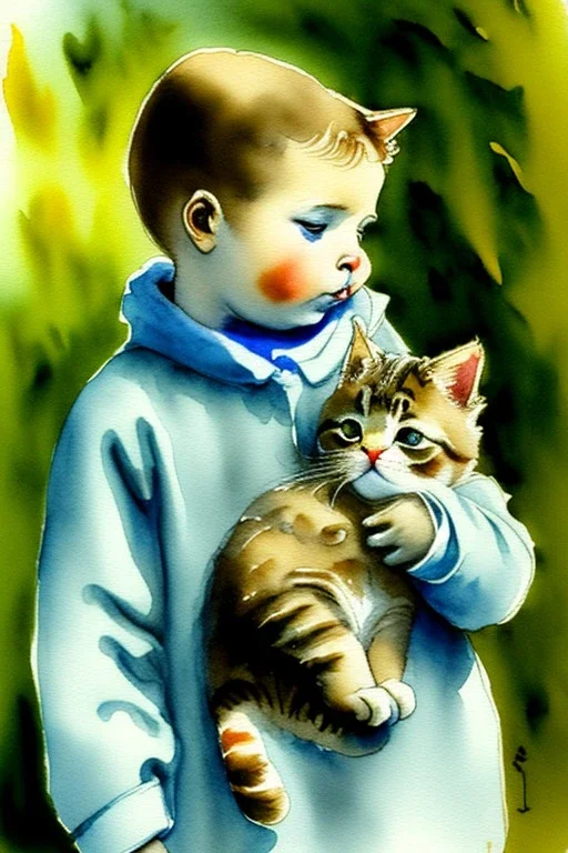 A cute cat is holding a kitten. Watercolour