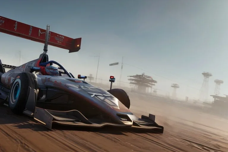 Futuristic anti-gravity formula race vehicle, hovering above track, cyberpunk style, fog