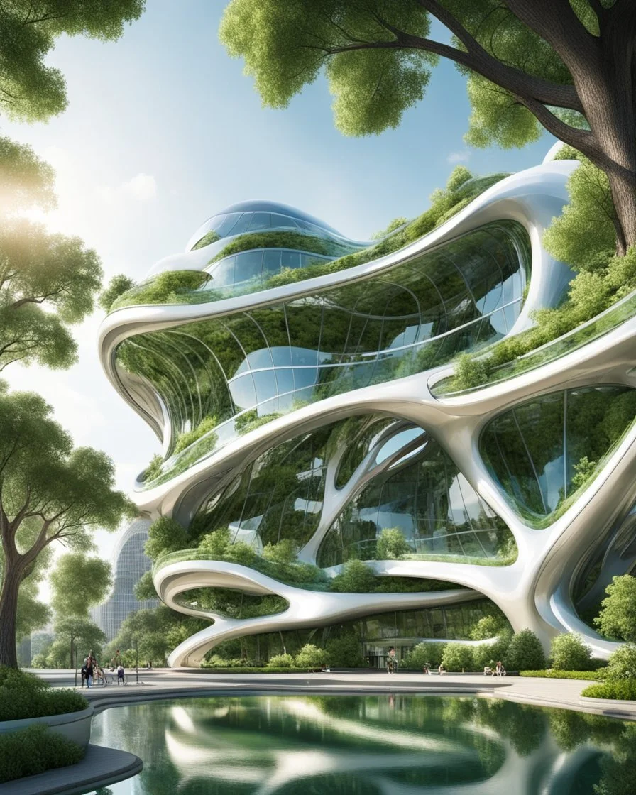 Stunning futuristic architectural masterpiece, biomorphic organic structure that combines nature and technology. A futuristic city, with polished chrome buildings and curved glass windows, fascinating summer weather. Intricate details and cantilevered sections. Trees, green areas and people