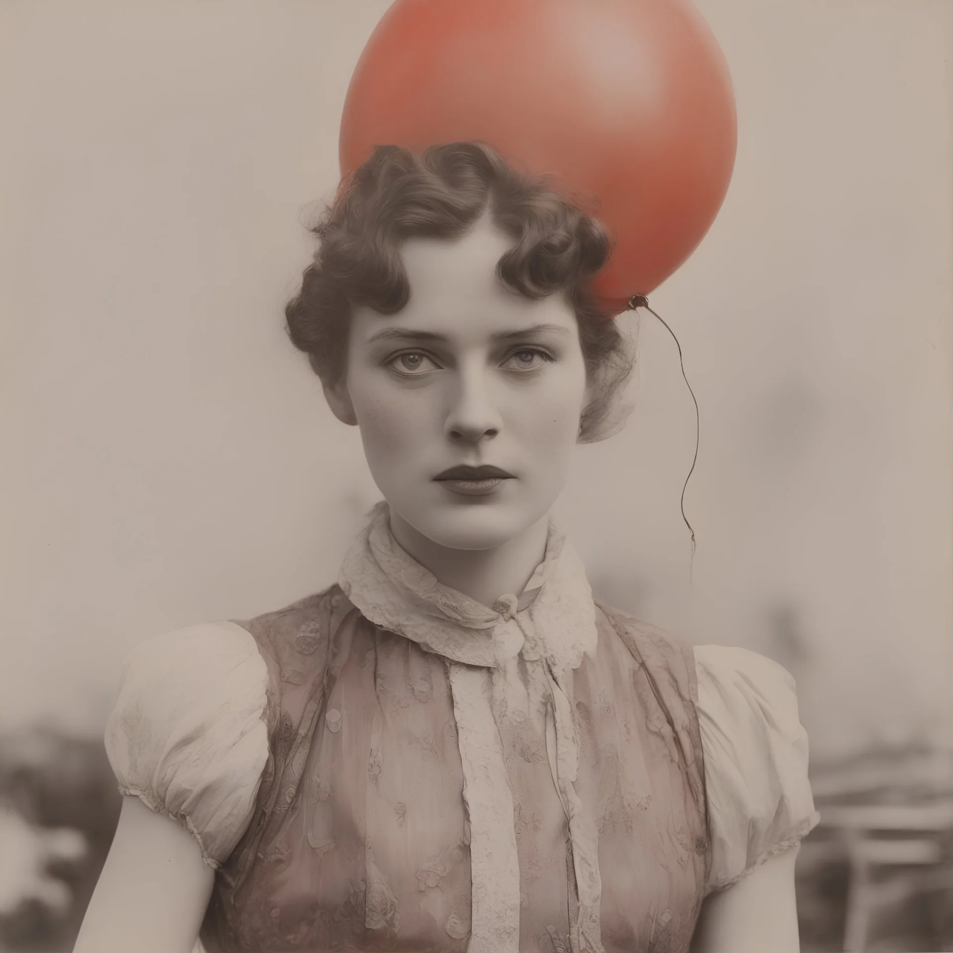 A woman with freckles, with a balloon at the circus, 1910s, red, orange, pink