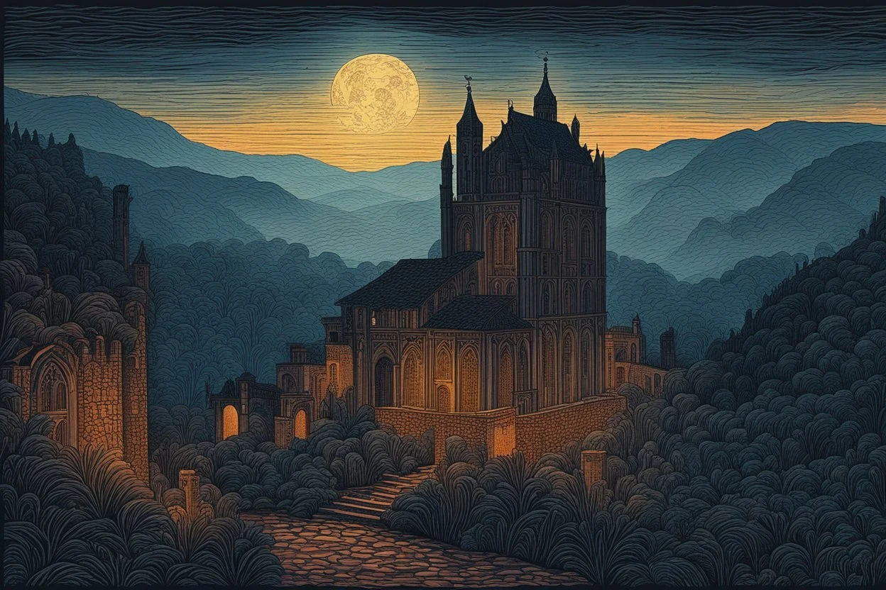 museum quality color woodcut landscape of a dark, otherworldly, and foreboding medieval Italian tower house thickly veiled in dense fog , with highly detailed stonework in 10th century Florence , at midnight, in the style of Gustave Baumann, with a fine art aesthetic, highly detailed, finely cut ,8k render,