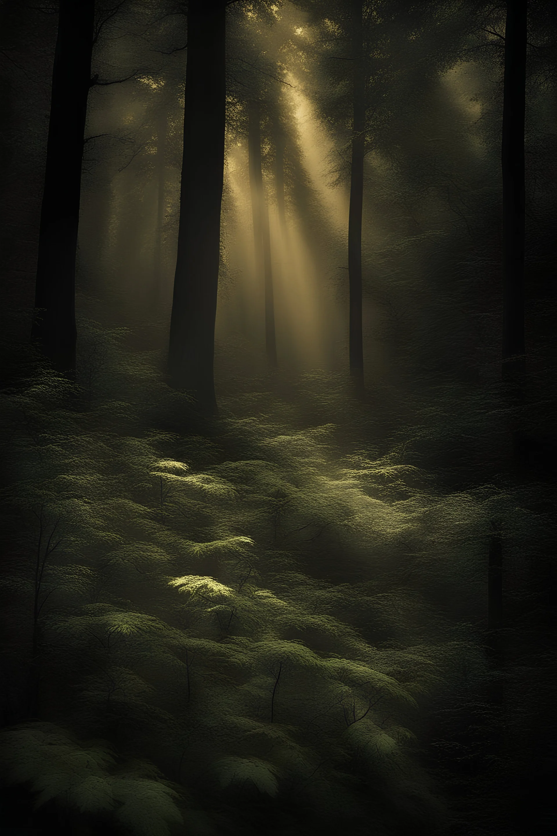 bosque místico y misterioso de un mundo mágico con ambiente lúgubre y muy arbolado de plantas frondosas con una paleta de colores fríos de baja saturación y valores medios, contraste alto y luz leve con un rayo de sol, destellos dorados en el aire y algunas flores