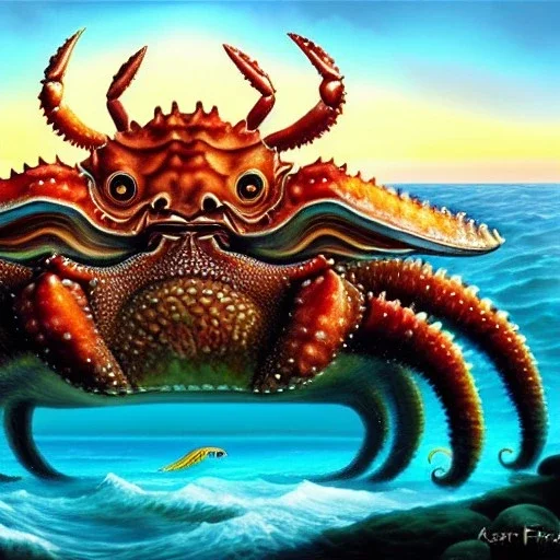 ultra detailed fullbody Drawing of Sea monster Giant Crab on the shore , extremely detailed digital painting, intrincate, extremely detailed face,crystal clear Big eyes, in the style of Frank Frazetta, mystical colors , perfectly centered image, perfect composition, rim light, beautiful lighting, 8k, stunning scene, raytracing