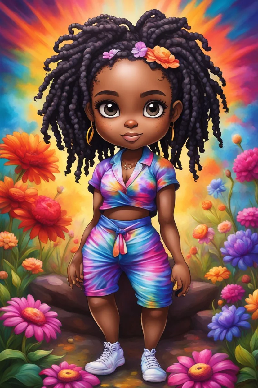 Create an oil painting image of a chibi black curvy female wearing a tie dye yoga outfit. Prominent make up with hazel eyes. Highly detail asymmetrical dread locs. background of colorful large flowers 2k