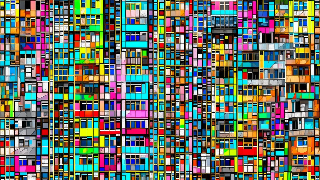 Digital artwork of a frontal view of a densely populated cityscape of apartment buildings. The style is abstract and impressionist, with a mix of realistic and distorted elements. The buildings are stacked, with windows of various shapes and sizes, and some balconies visible. Vibrant pops of color appear on some balconies. The overall chaotic composition captures the essence of urban density and architectural complexity. Facing an estuary.