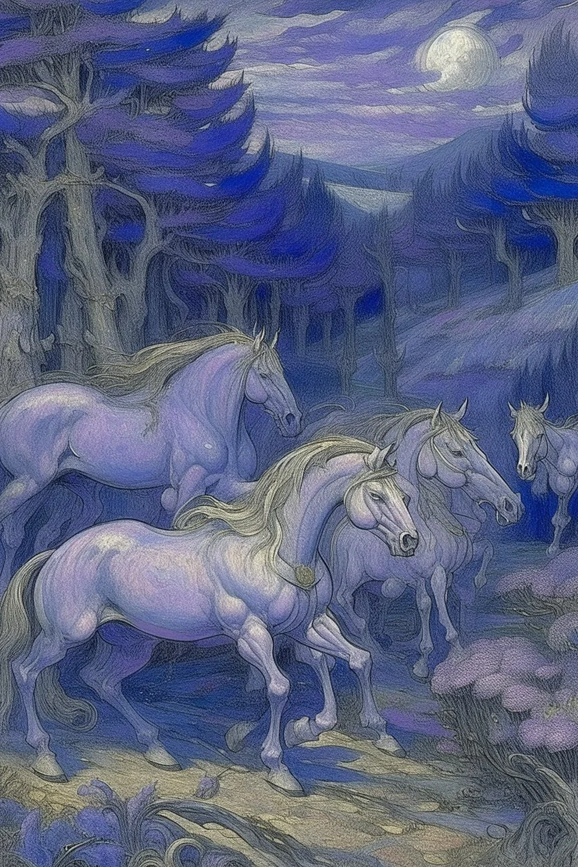 A grayish purple enchanted dominion with unicorns painted by Vincent van Gogh