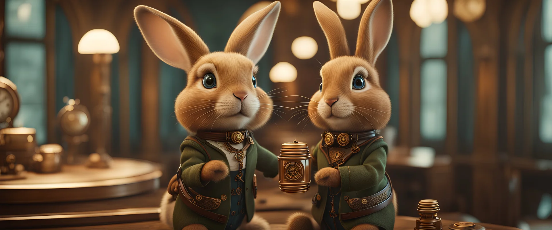 High-end state-of-the-art STEAMPUNK aesthetics flawless smiling cute Honey rabbit holding a Tesseract, supreme cinematic-quality photography, sage green blue and honey brown pure wool clothes, Art Nouveau-visuals,Vintage style with Octane Render 3D technology,hyperrealism photography, (UHD) with high-quality cinematic character render,Insanely detailed close-ups capturing beautiful complexity,Hyperdetailed,Intricate,8K,Hyperrealism craftwork