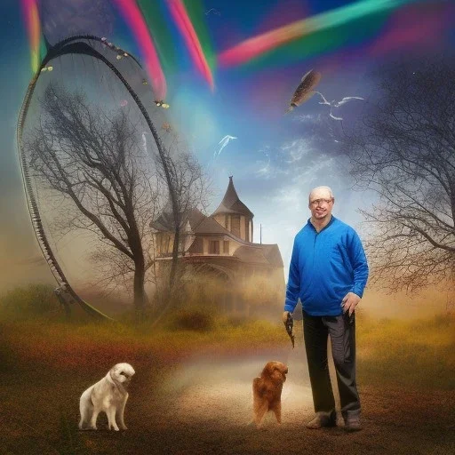 old man with glasses, with dog, on the rainbow bridge