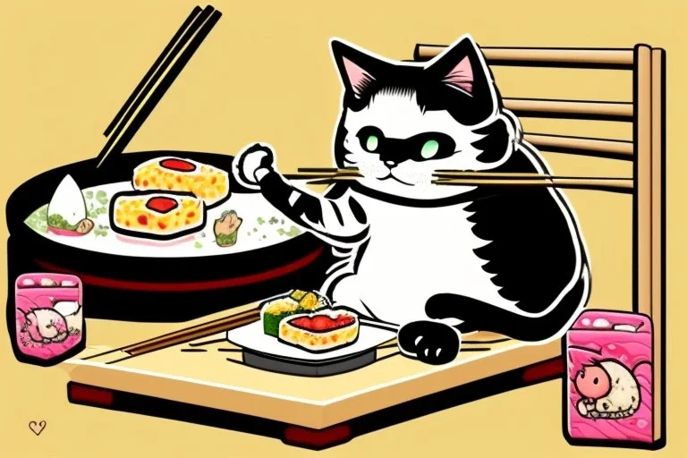 Cute cat is eating sushi. Manga style