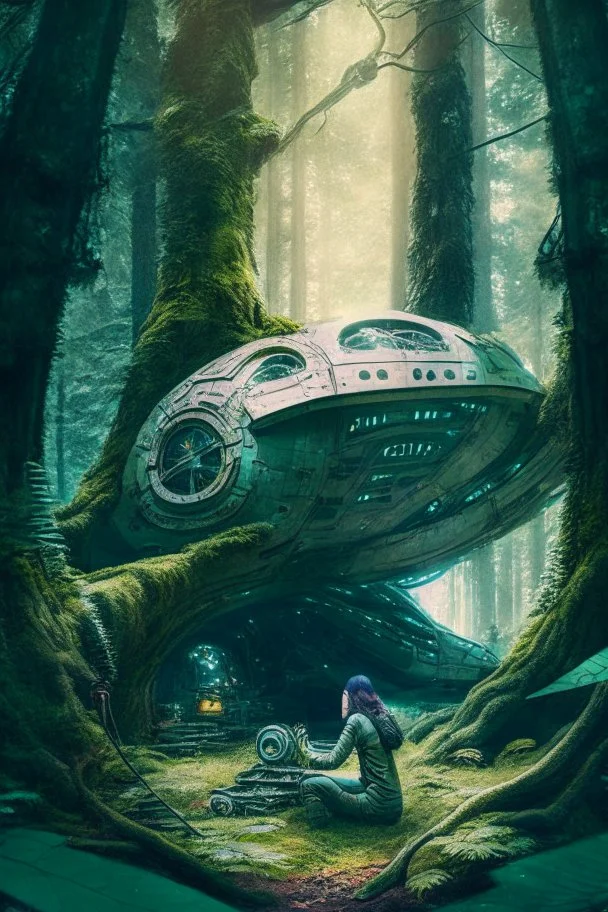 spaceship in a woodland glade with a woman kneeling under it fixing something