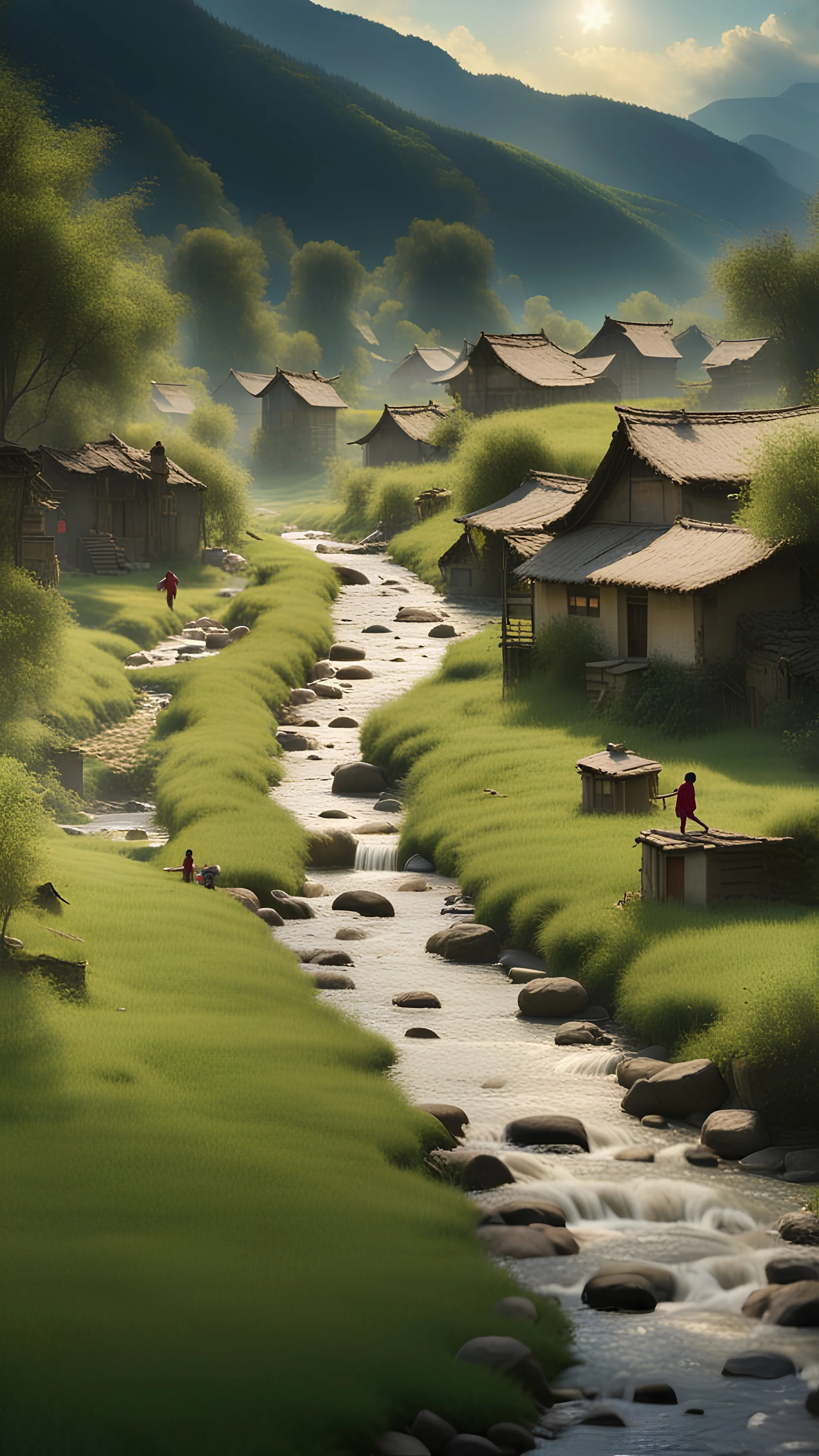 There is a valley, there is a village in the valley, the houses in the village are made of wool grass, there is a small stream in the village, there are people washing clothes on the edge of the stream, children are running on the road, the farmland in front of the village is green, Chinese cinematic lighting, Rembrandt light, inflatable effect, complementary colors, isometric view, + telephoto lens