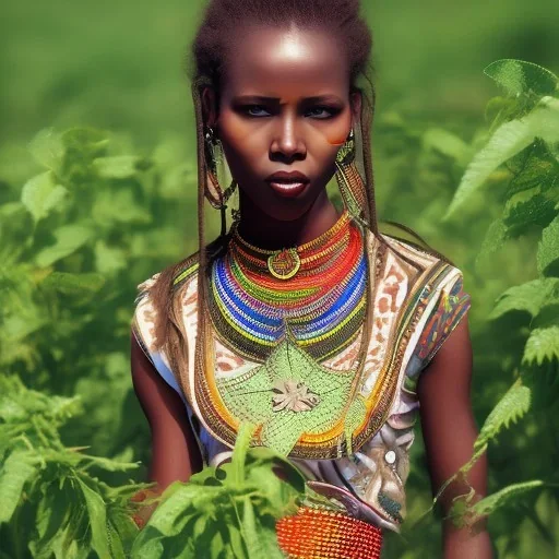 Girl with amazing Ethiopian traditional clothes in farming area playing