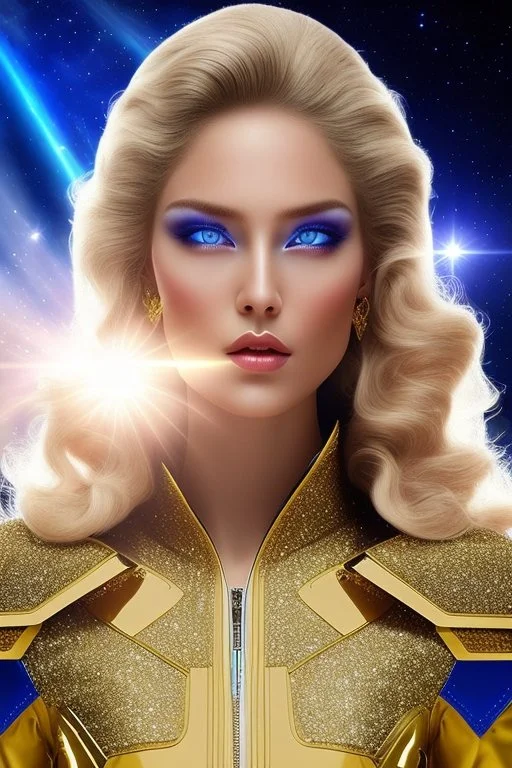 Beautiful ufo Pleiadian galactic, ship, perfect detailed face, detailed golden galactic suit, high rank, long blond hair, hand with five perfect detailed fingers, amazing big blue eyes, high definition lips, cosmic happiness, bright colours, blue, pink, gold, jewels, realistic, real photo, bright and sunny background, very detailed, high contrast, high definition 8k, pixel 512X512, unreal engine 5, extremely sharp details, light effect, br