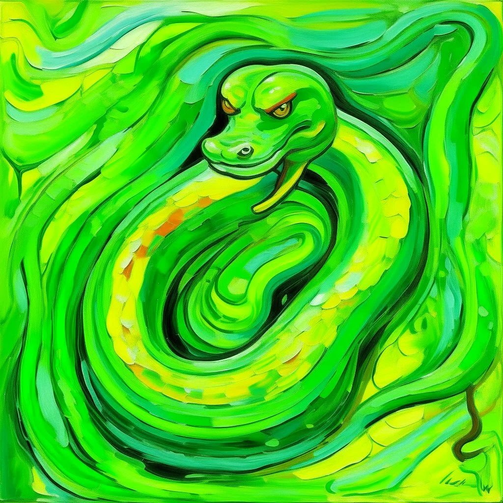 A lime green poison elemental snake painted by Edvard Munch