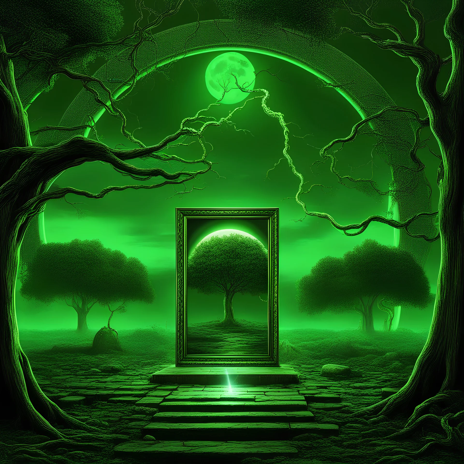 A realistic mirror in a glowing emerald green place, moon in the background, chain on the ground, tree, lightning