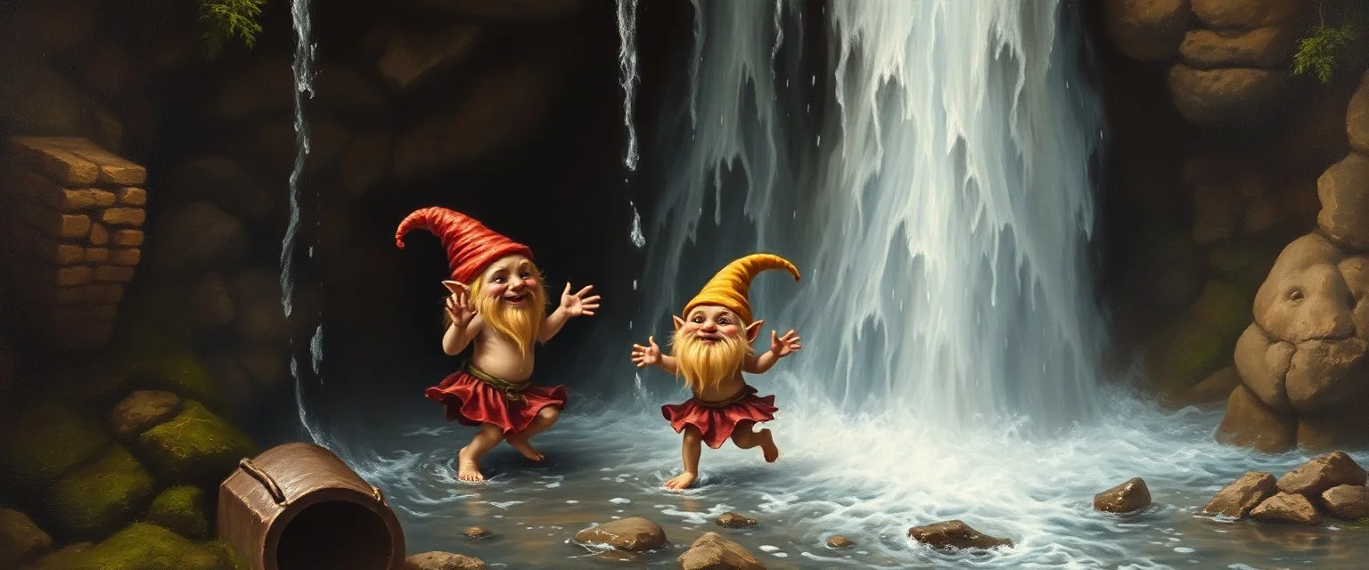 master oil painting by Rembrandt,cute trolls dancing inside waterfall