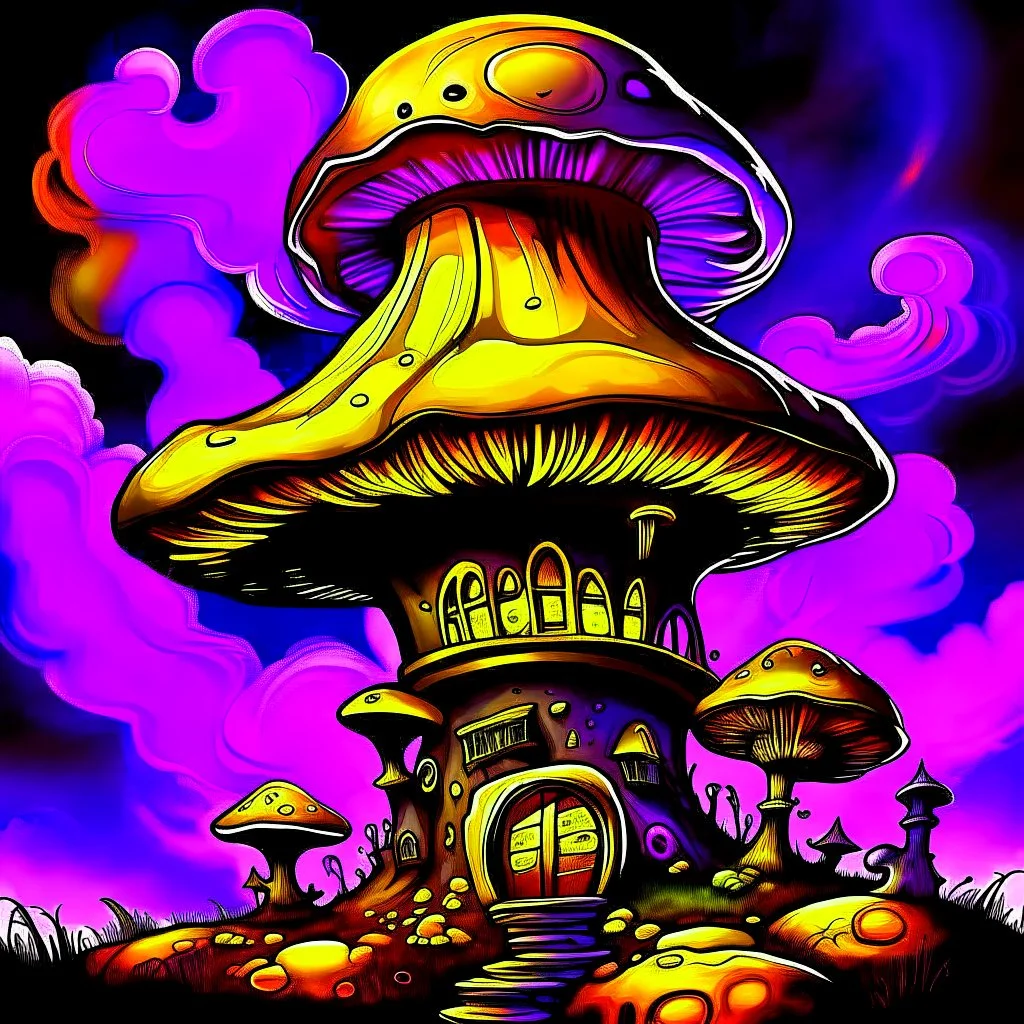 A fantabulous black, purple and yellow (((mushroom tower house))) erected atop a (geologic pillar), surrounded by the uncanny imaginative ((( swirling skies))), offset by the stark hues of a (neon-tinged nebulous space scape), within. captured by the hand a skilled master painter with a focus on (softly blurred compositions and voluminous lighting).