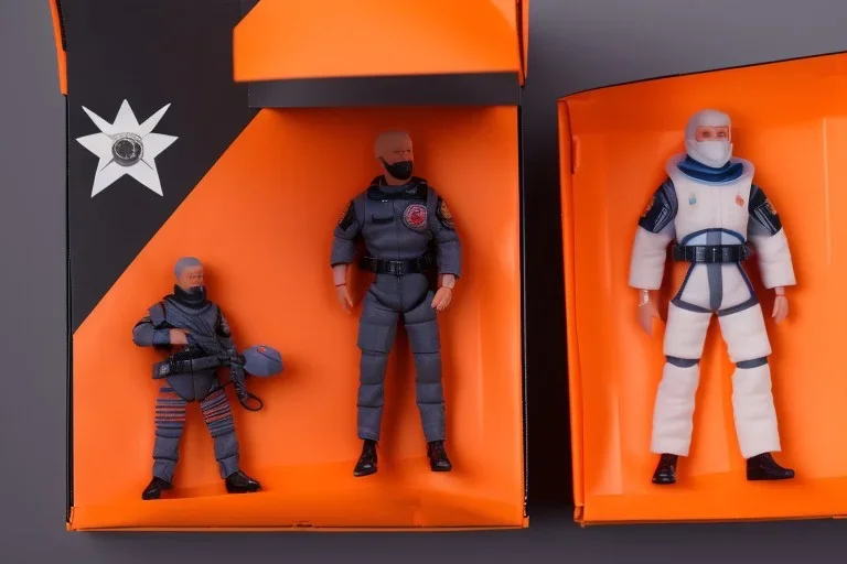 Mike pence G.i. Joe toy doll space force uniform inside a blister package hanging on A rack in toystore, fluorescent orange, wide angle shot whole body, black moonboots