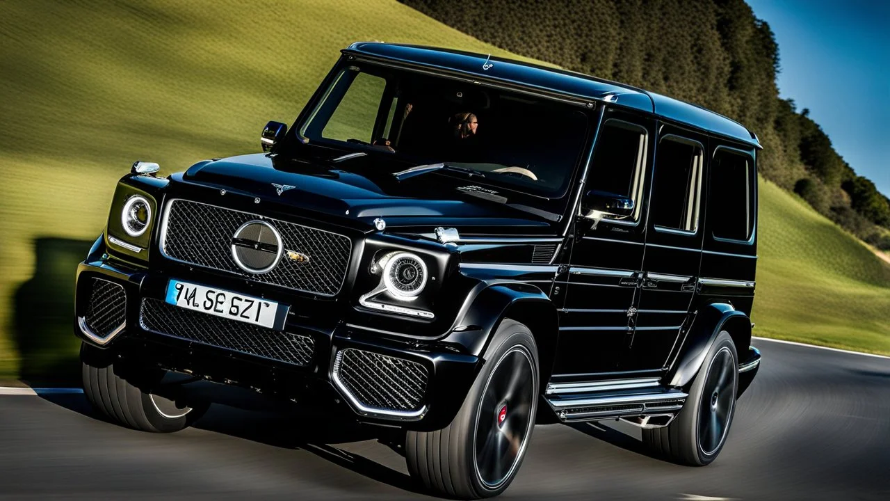 A sleek (((G wagon and bentley merged))) with a majesticly curved rear, cutting through a (sunny, open countryside) backdrop