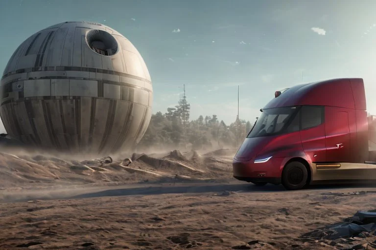 A Tesla 'Semi' (semi truck) is parked, within the trench of the Death Star. (CINEMATIC, WIDE ANGLE LENS, PHOTO REAL)