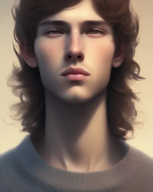  boy, cute, young, teen, brown hair, brown eyes, medium hair, bangs, head and shoulders portrait, head and shoulders portrait, 8k resolution concept art portrait by Greg Rutkowski,