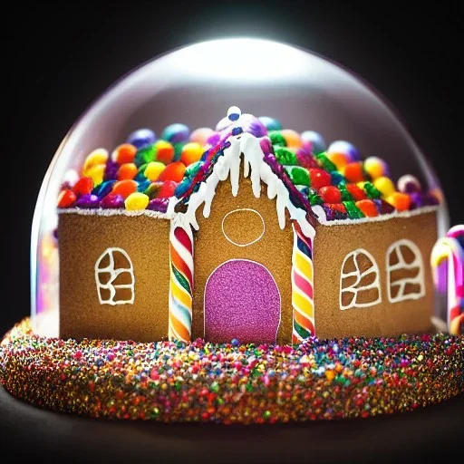 an intricate gingerbread house with vibrant candy and rainbow sprinkles under a glass dome on a darkwood table, 8k resolution, centered, high-quality, ultrafine-detail, digital art, flickering light, detailed matte, volumetric lighting, illustration, 3D octane render, brian froud, howard lyon, ben goossens, George Grie, greg rutowski, alphonse mucha