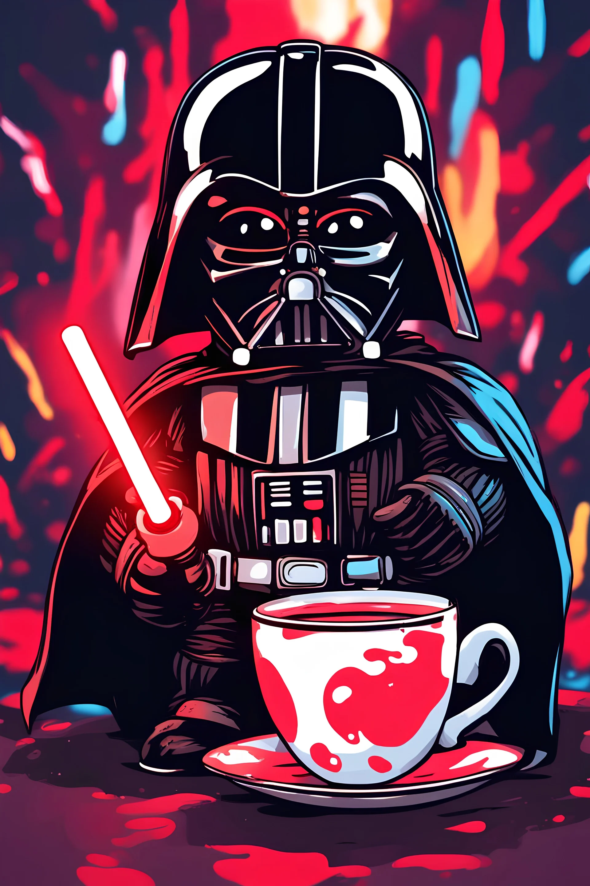 Tiny darth vader holding a red light saber, standing inside a coffee mug, neon colors, explosions background