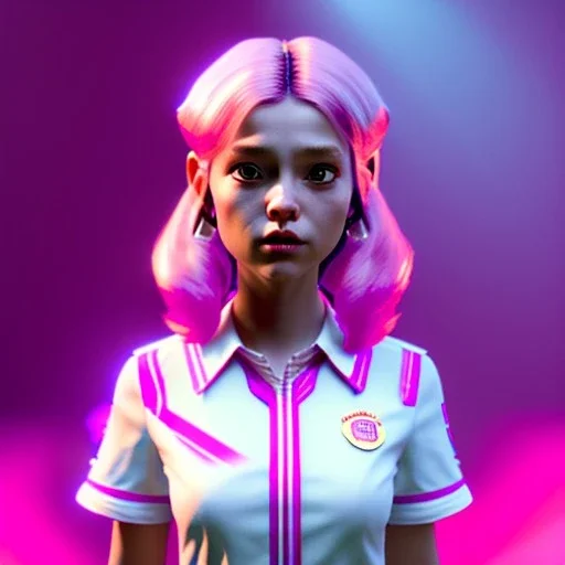 waitress sweet teenager, rounded face, pink hair, color cheeks, striped shirt, color ambient light, vibrant color, highly detailed, art stations, concept art, smooth, 16 bit, unreal engine 5, god rays, ray tracing, RTX, lumen lighting, ultra detail, volumetric lighting, 3d, finely drawn, high definition, high resolution.