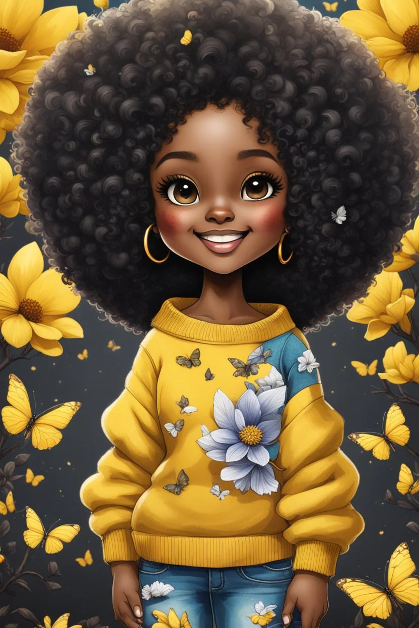 Create a detailed and vibrant charcoal illustration of a chibi black thick female and curly tight afro. She is wearing a yellow off-shoulder sweater, blue torn jeans, and tan-colored boots with fluffy white trim. SHe has a confident and cheerful expression, with large expressive eyes and a bright smile. background of black and yellow butterflies and magnolia flowers around her