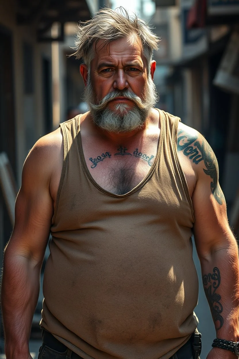 full figure , strong muscular chubby turkish carpenter in dirty ripped tank top, very hairy, 48 years old , sweat and wet, bull neck, tattoo, short beard, working in the middle of the street under the sun , aspect ratio 9:16