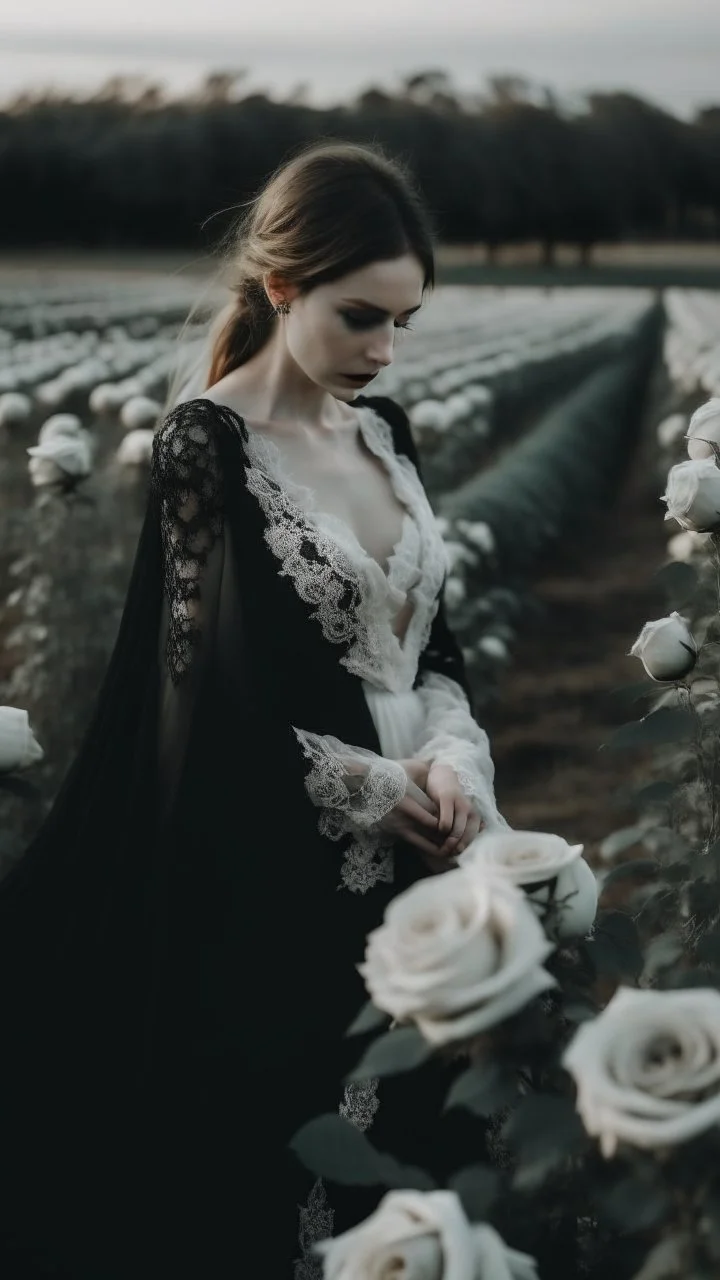 black lace scarf and dirty white wedding dress in a field of white roses.cinematic picture