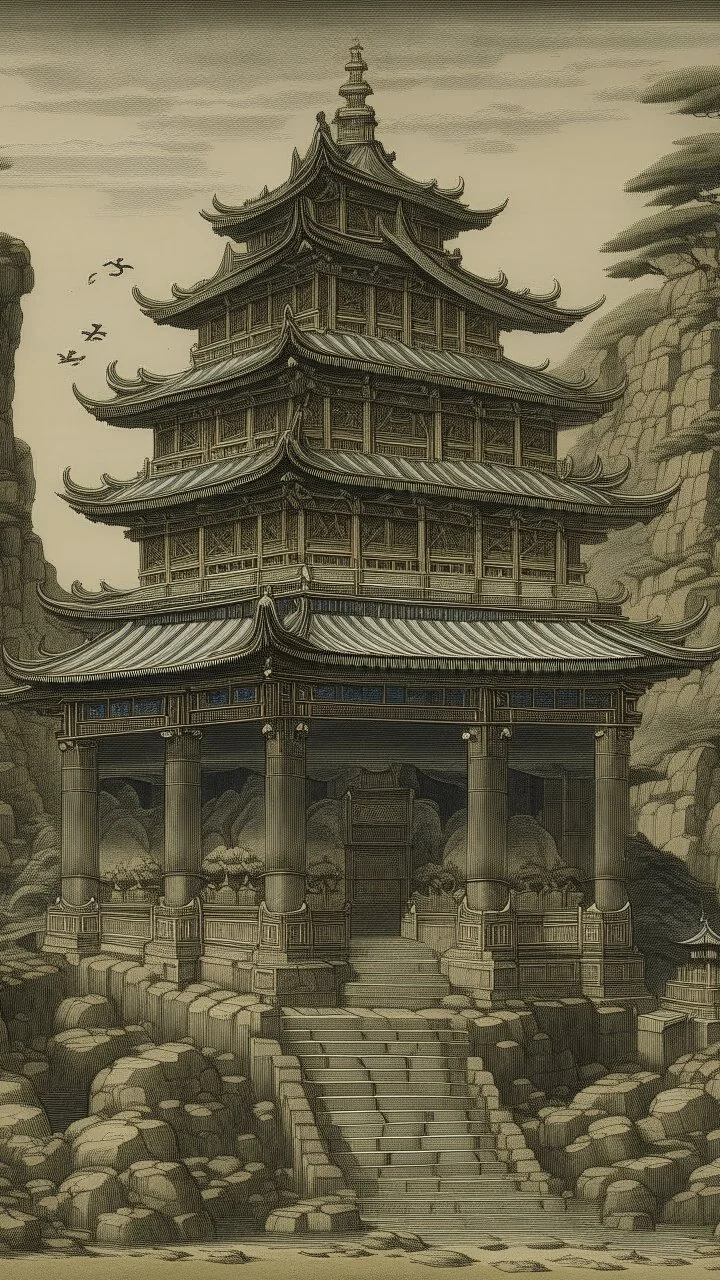 A brownish gray temple made out of stone designed in cave paintings painted by Utagawa Hiroshige