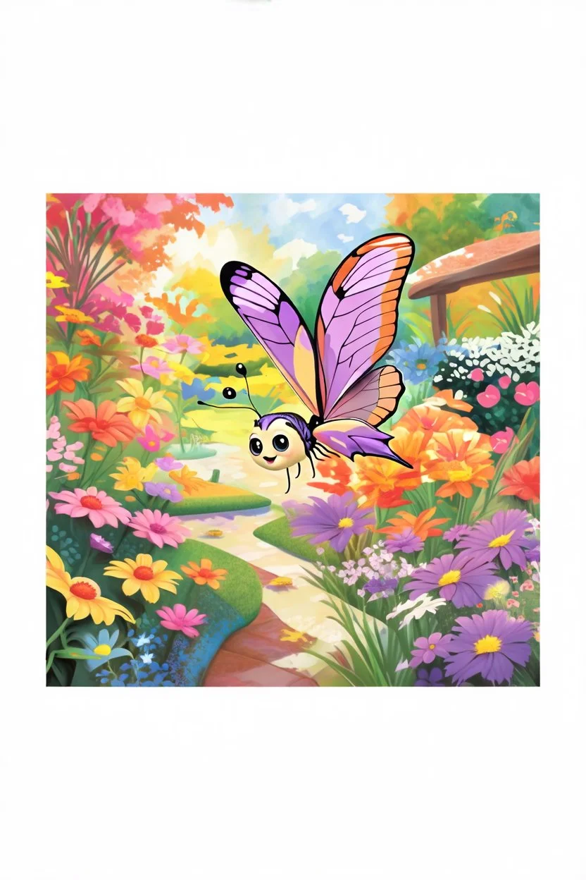 a striking purple butterfly flying by,colorful garden background , child book illustration style, faces must be the same as reference image