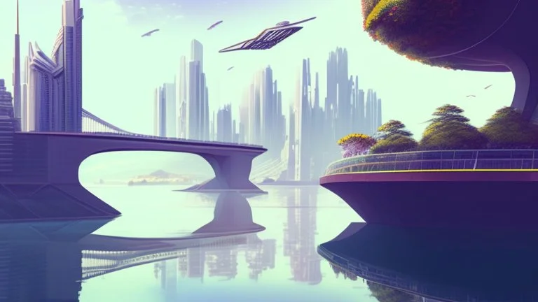 people watching a futuristic ship flying above a utopian metropolis. bridges, roads, balconies, trees, dense foliage, river, pathways, detai...