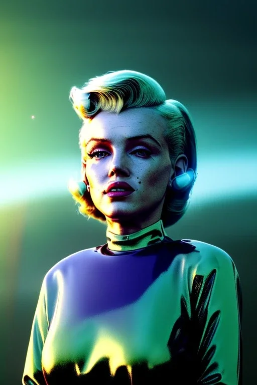 Ultra Realistic retro sci-fi scene, portrait, blonde woman, sweet young Marilyn Monroe face, perfect iris, tight latex coat, Strange planet background, Retro sci-fi style helmet, fog, rain, soft color, highly detailed, unreal engine 5, ray tracing, RTX, lumen lighting, ultra detail, volumetric lighting, 3d, finely drawn, high definition, high resolution.