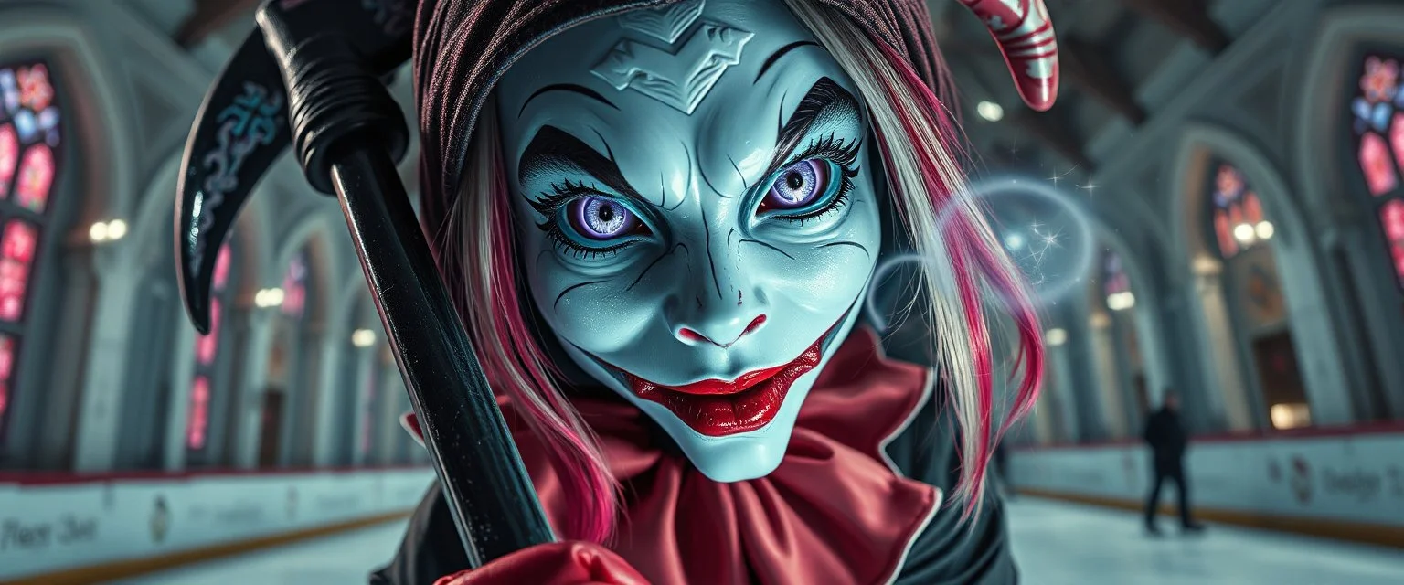 close up portrait of shiny ice dark grim reaper babe with lavender eyes and red and silver hair, and with magical aura hockey staff, pin hole cam, master oil painting by Rembrandt, d&d glam rock and glitter harlequin bunny playing hockey in ice skating hall or church, in the style of giger and escher, sci fi with floating little saucers
