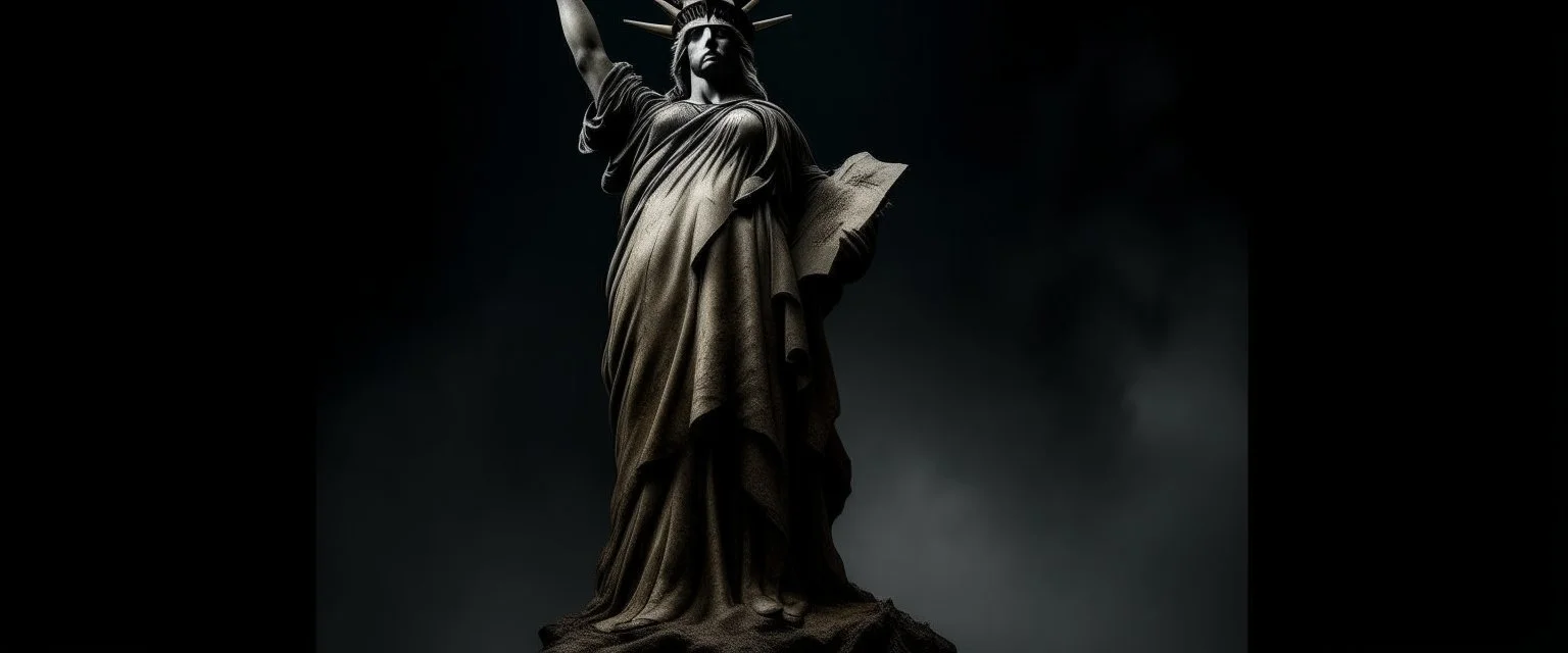 the statue of liberty, dress dirty and torn, her face solemn and terse, trash littered at her feet, she holds a crumpled american flag, she walks away under a dark and dreary sky