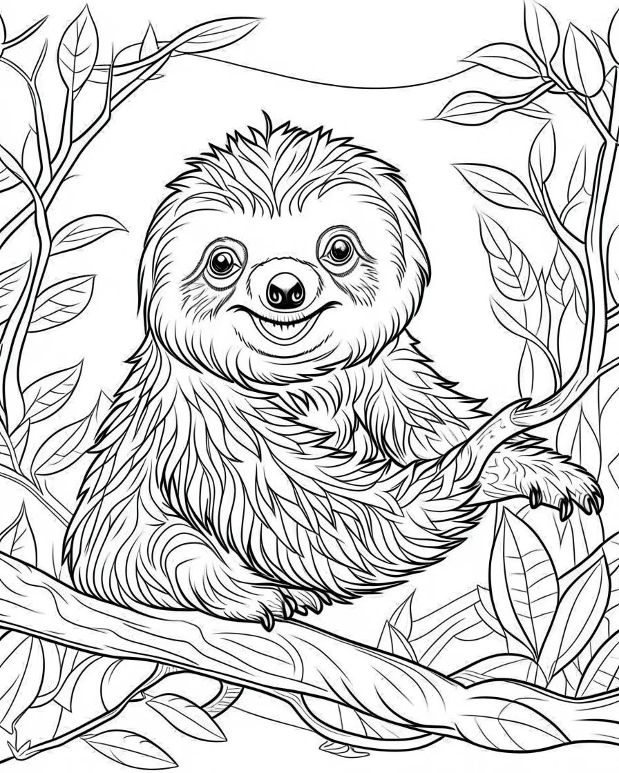 create a 2d black outline, "safari smiling cartoon sloth on a branch coloring book for kids", coloring page, low details design, black contour, coloring page design, simple background, colorful , card style, coloring page for kids, white background, sketch style, safari landscape, cartoon style