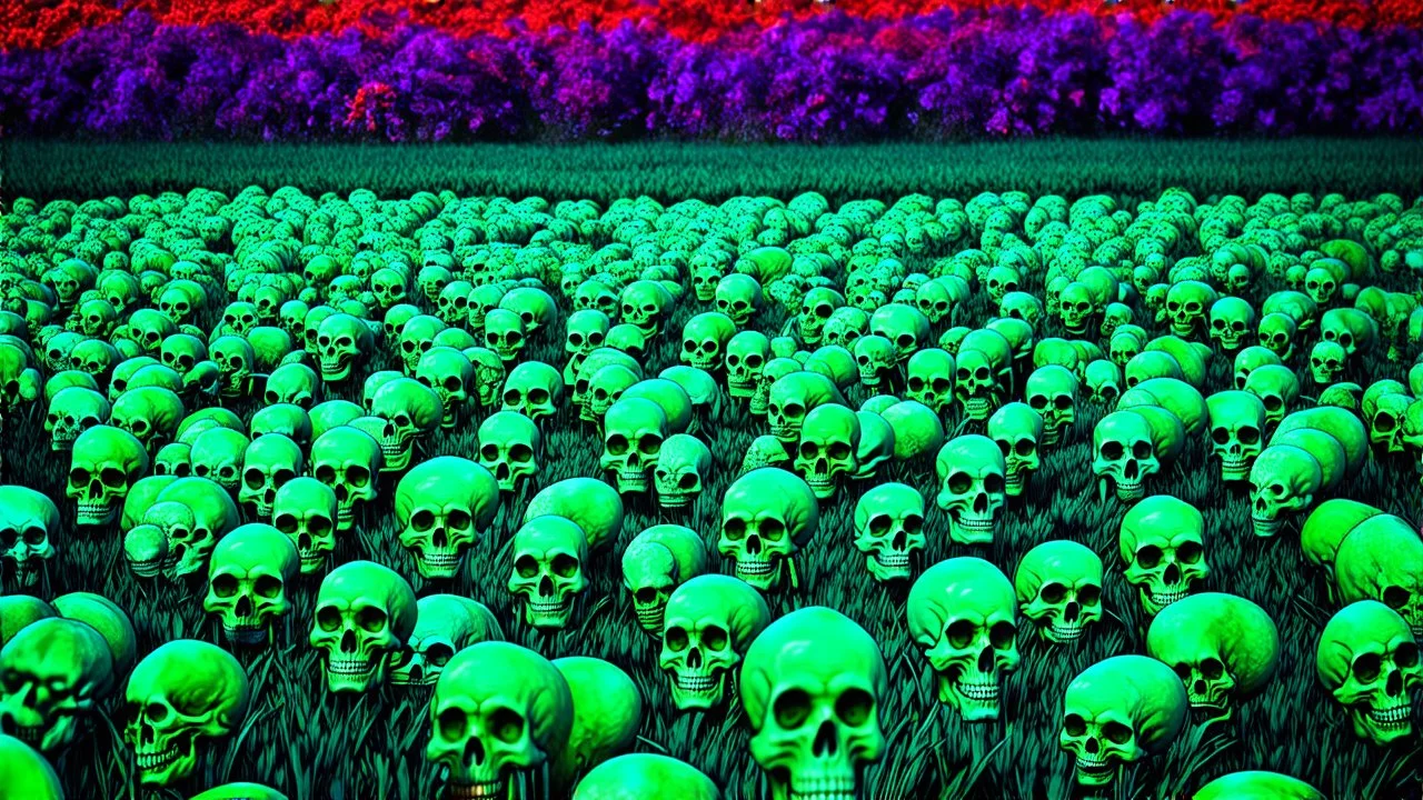 mars attacks a field of 1000s of cartoonish, anatomically correct, skulls, vivid RANDOM BRIGHT neon colors, dark comedy, well lit, high detail, photorealistic, horrorcore, fun, scary, none featured, each a different color or hue,
