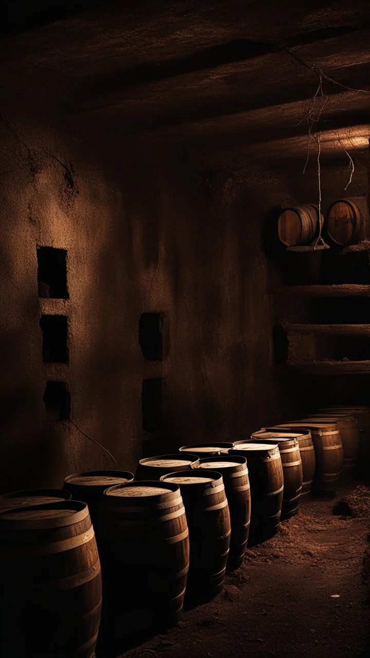 An old winery with a lot of old big wine Barrels in a dark room , a few bottles of red wines with and old labels and spider webs on old broken shelf’s in side a dark abandoned underground dark room with a little dim touch on the wall, scary, dramatic, mysterious ambiance