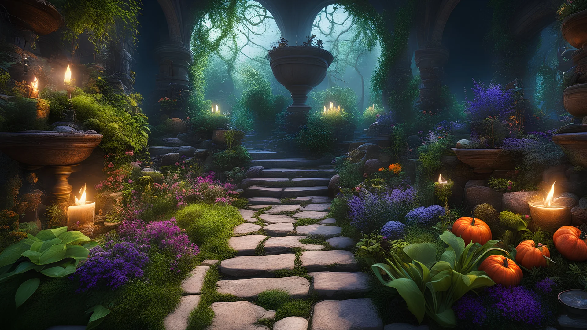 A witch's herb garden, masterpiece, perfect image, insane detailed, intense colors, strong contrast, magic, mystic, mysterical, witch craft, surprising, amazing, 16k resolution, unreal engine 5