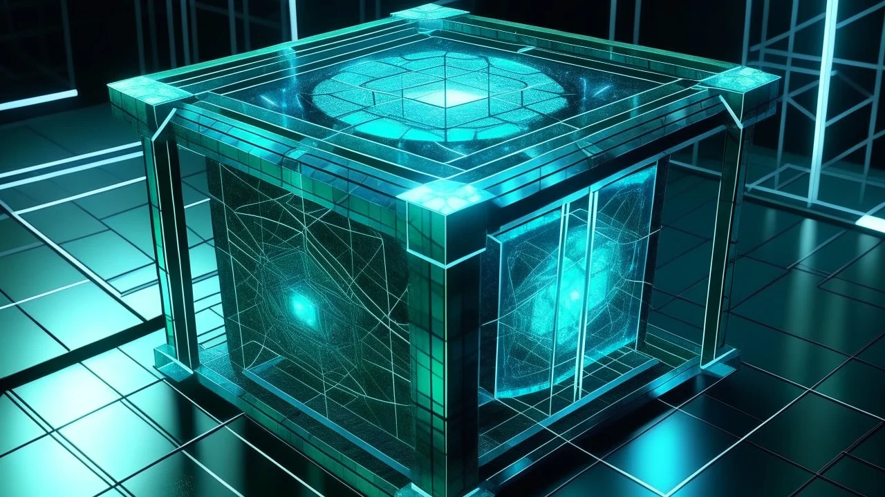 Cube tesseract from movie Loki. Tesseract size must be third part of image size. Located strictly in the middle of picture with space around it and with navy blue/green glow inside tesseract. Without surface/table on which it stay.