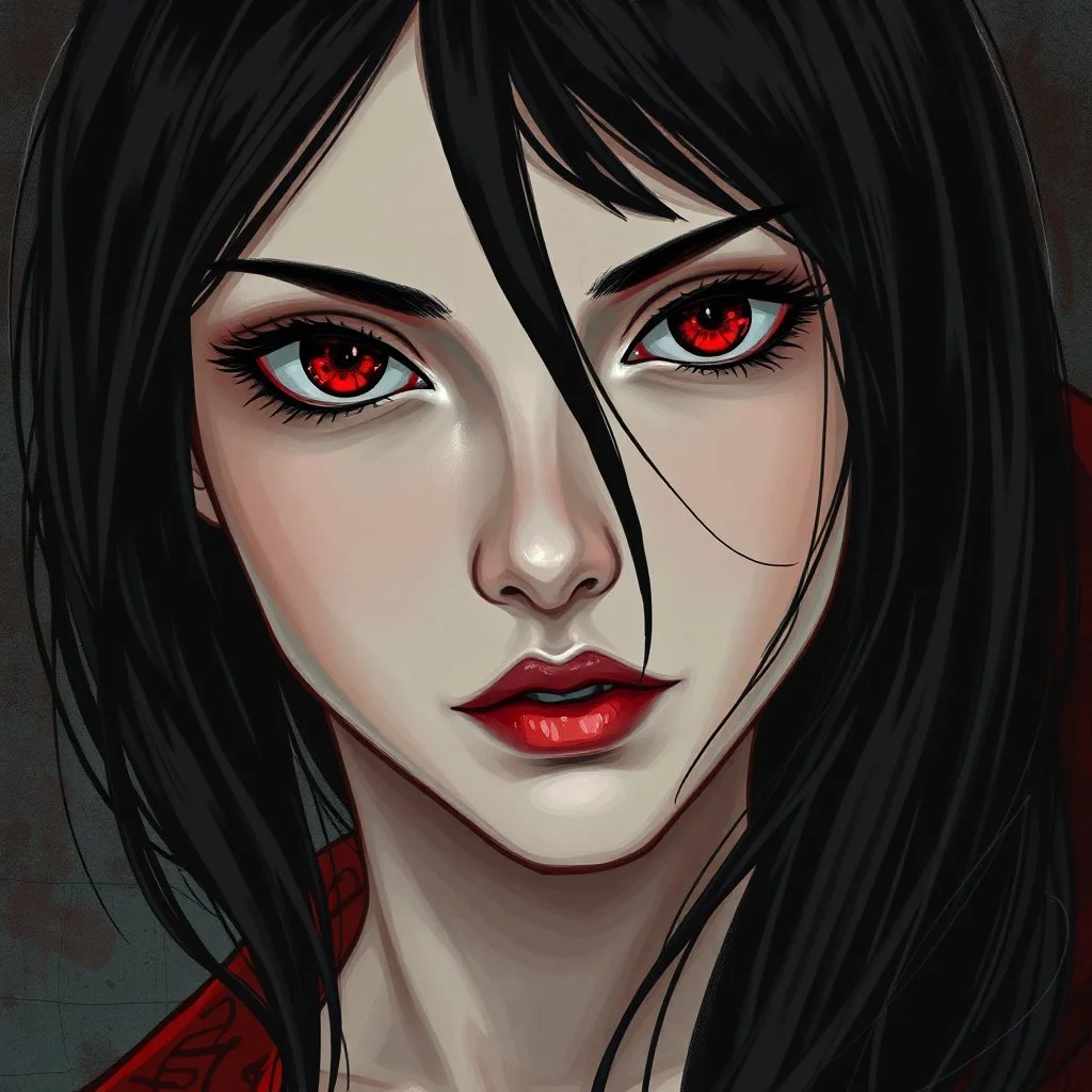 a pretty girl, 14 years old, black hair, red eyes, vampire, realism, stylised, serana