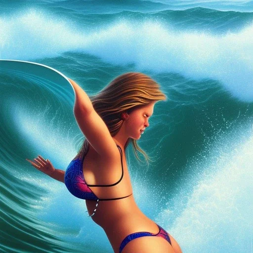 close up of fat girl surfing the waves, fantasy art, movie poster