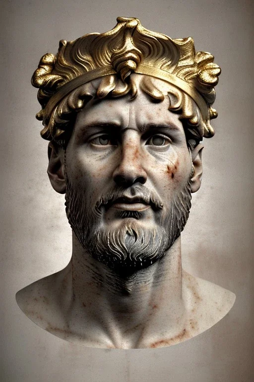 Ultra Realistic image, Roman sculpture, white marble material, Lionel Messi, gold Laurel leaves wreath, renaissance ornaments, one gold star in heart, marble and gold ornaments background, chisel style, waist up portrait, emperor style, epic, celestial, cinematic lighting, God light, god rays, 4k resolution, smooth details, ornate details, soft lighting, unreal engine 5, art station, substance 3d.