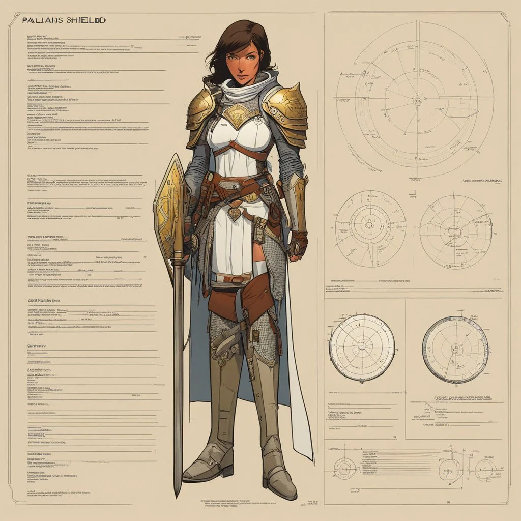 ConceptSheet: woman paladin and her shield with statistics [by Moebius]