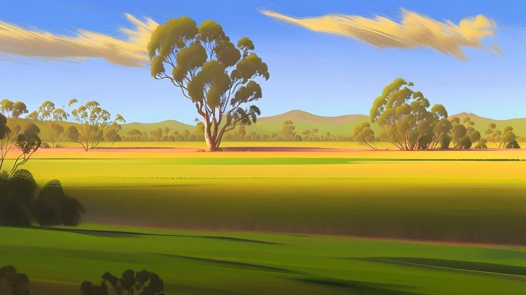 in a romantic artistic style, a view of an australian sunny peaceful landscape outside kitchen window